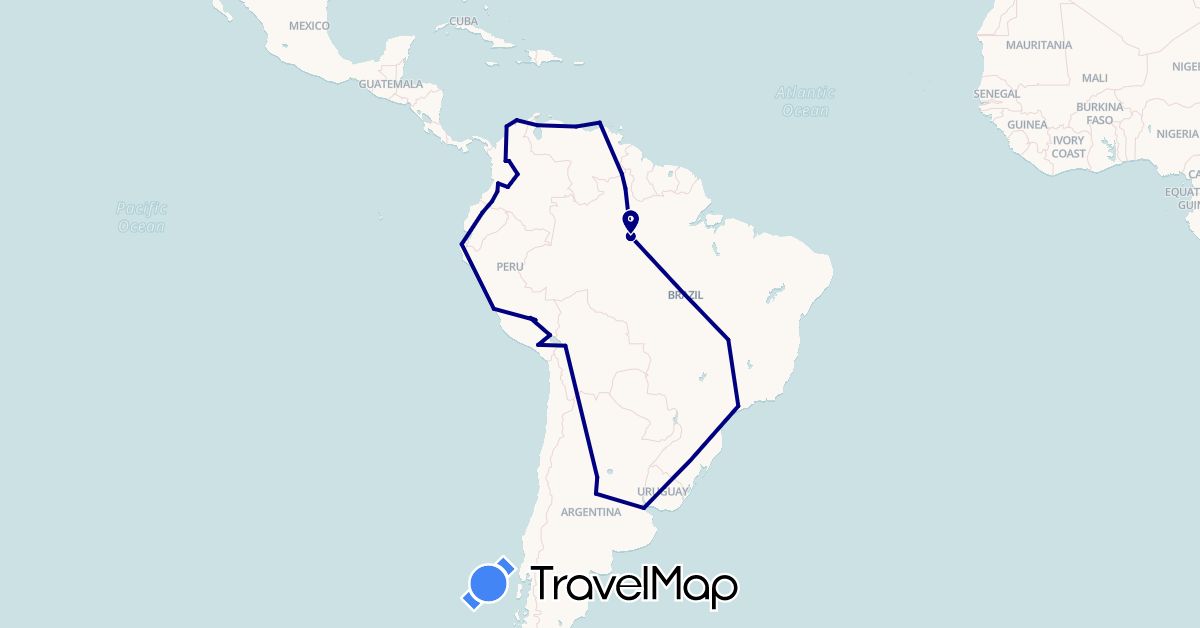 TravelMap itinerary: driving in Argentina, Bolivia, Brazil, Colombia, Ecuador, Peru, Venezuela (South America)